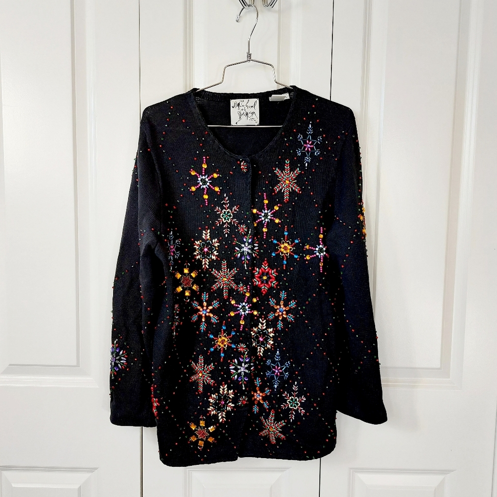 Beaded Argyle Shiny Bright Snowflake Christmas Sweater Large‎ Michael Simon